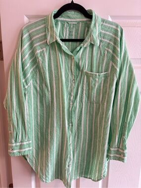 Aerie 52% linen blouse top long sleeve button down striped beach coastal green S